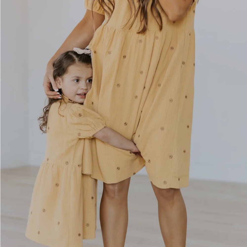 Roolee Tan and Orange Smocked Sundress with Mock Neck. # 2